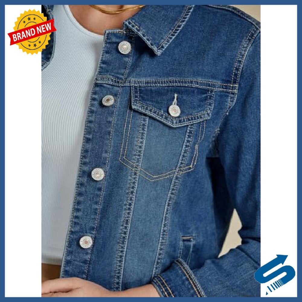 Stretch Cotton Denim Jacket Button Down Long Sleeve Relaxed Fit - Picture 4 of 8